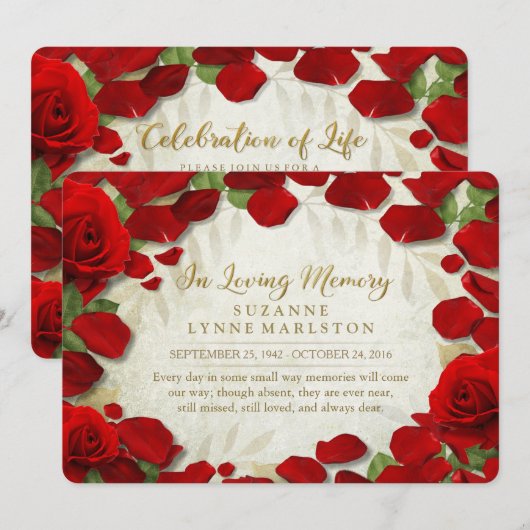 Red Rose Petals Golden Memorial Service Kaart (Voorkant / Achterkant)