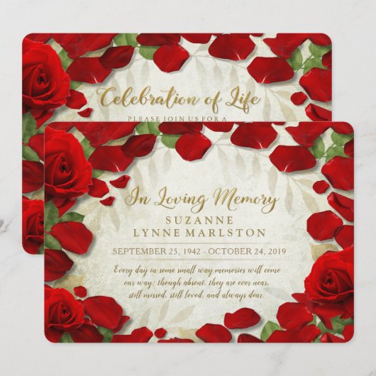 Red Rose Petals Golden Memorial Service Kaart (Voorkant / Achterkant)
