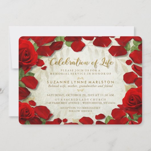 Red Rose Petals Golden Memorial Service Kaart (Achterkant)
