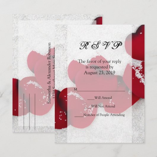 Red Rose Petals in sneeuw, winterhuwelijk Uitnodiging Briefkaart (Voorkant / Achterkant)