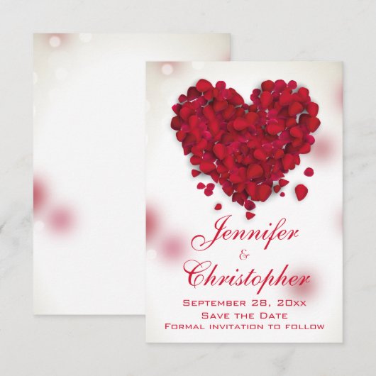 Red Rose Petals Love Heart Save the Date (Voorkant / Achterkant)