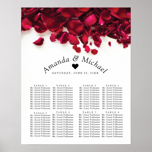 Red Rose Petals Wedding Seating Chart Poster (Voorkant)