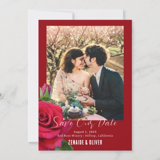 Red Rose Photo Flat Save The Date Kaart (Voorkant)