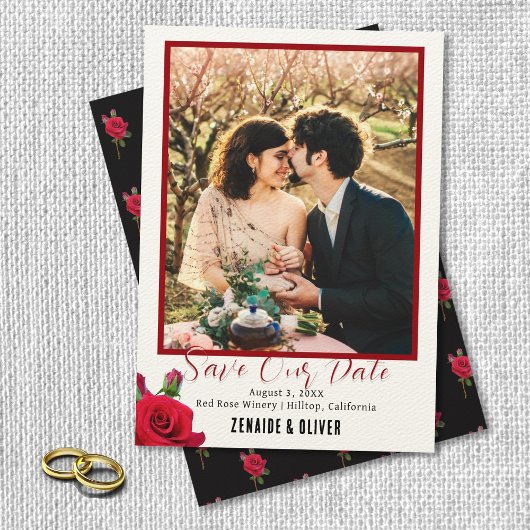 Red Rose Photo Flat Save The Date Kaart