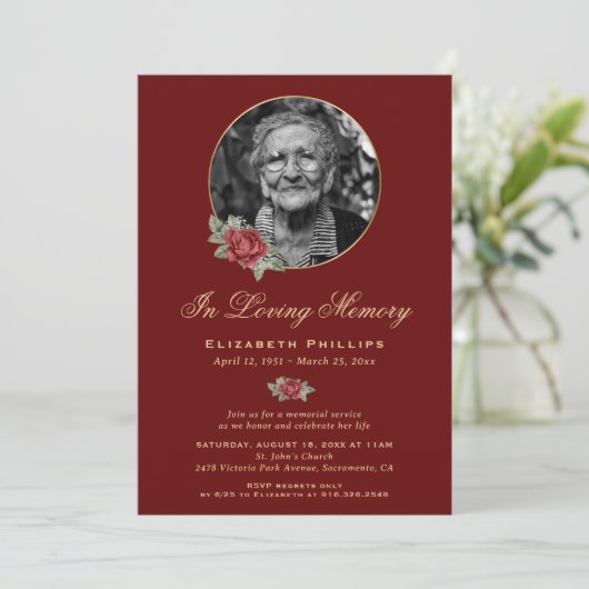 Red Rose Photo Memorial Service Kaart (Staand voorkant)