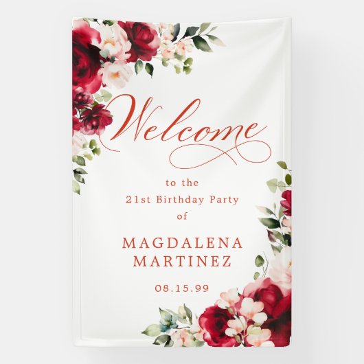 Red Rose Pink Peony 21st Birthday Welcome Spandoek (Verticaal)