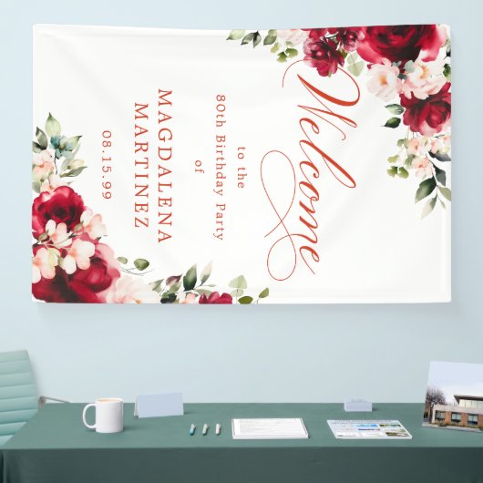 Red Rose Pink Peony 80th Birthday Welcome Spandoek (Beurs)