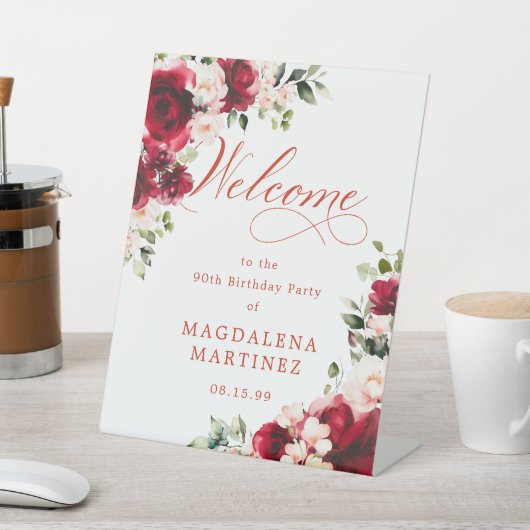 Red Rose Pink Peony 90th Verjaardag Welkom Reclamebord Met Voetstuk (Insitu)