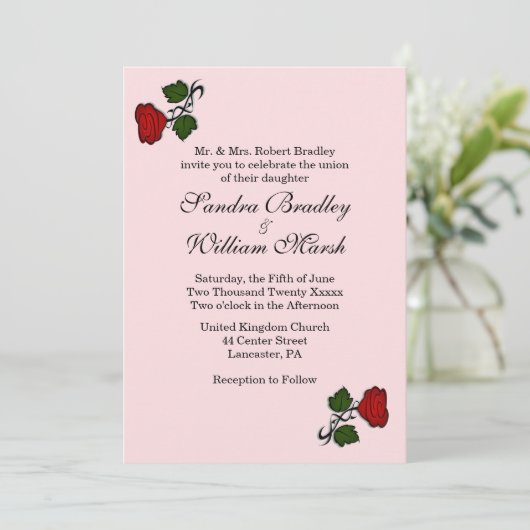 Red Rose Pink Wedding Invitation Kaart (Staand voorkant)