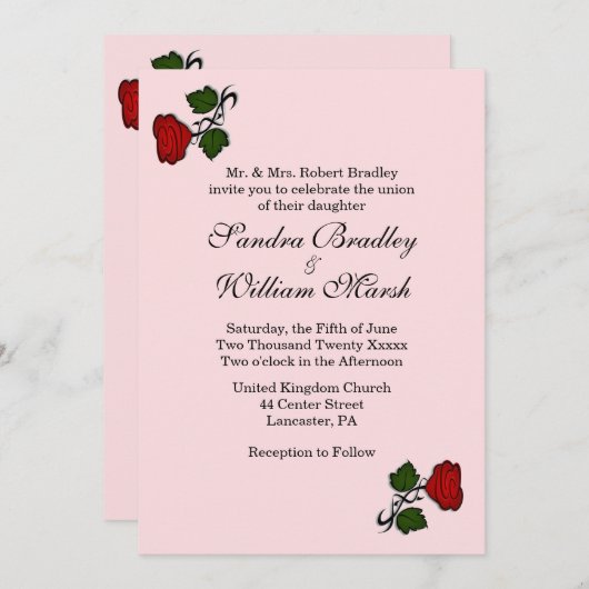 Red Rose Pink Wedding Invitation Kaart (Voorkant / Achterkant)