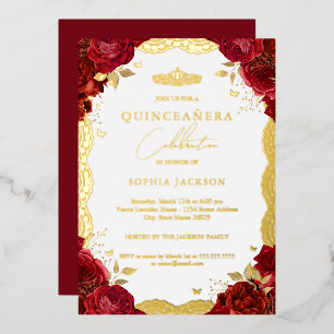 Red Rose Quinceanera Gold Lace Birthday Folie Uitnodiging