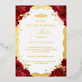 Red Rose Quinceanera Gold Lace Birthday Folie Uitnodiging (Voorkant)
