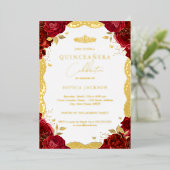 Red Rose Quinceanera Gold Lace Birthday Folie Uitnodiging (Staand Voorkant)