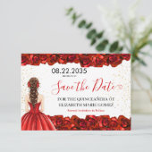 Red Rose Quinceañera Save the Date Card (Staand voorkant)