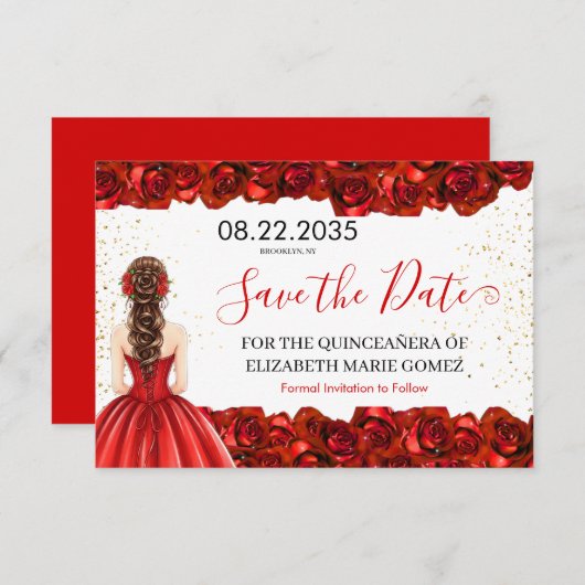 Red Rose Quinceañera Save the Date Card (Voorkant / Achterkant)