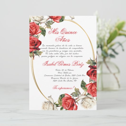 Red Rose Quinceanera uitnodiging (Staand voorkant)