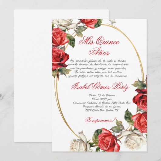 Red Rose Quinceanera uitnodiging (Voorkant / Achterkant)