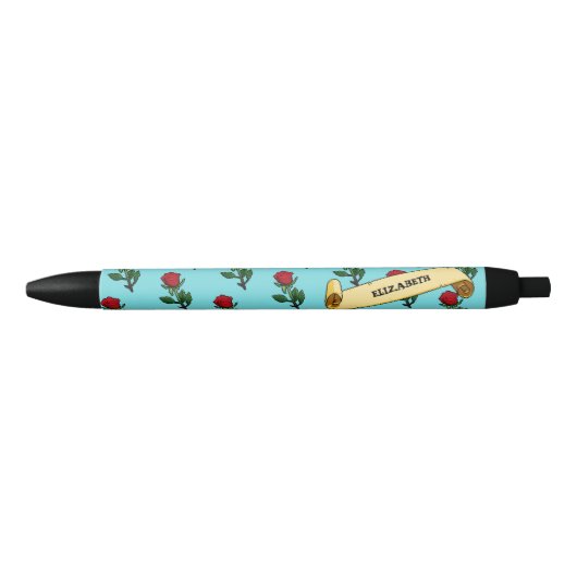  Red Rose & Ribbon Toevoegen Jouw naam 80s Retro Zwarte Inkt Pen (Voorkant)