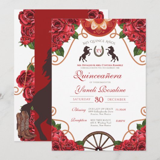 Red Rose Rodeo Western Charro Quinceanera Kaart (Voorkant / Achterkant)