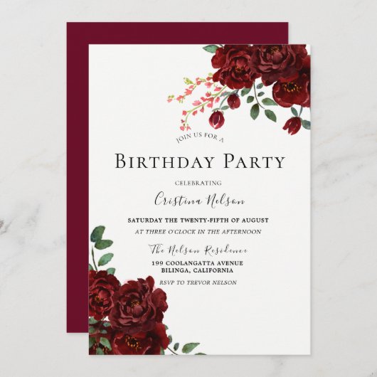 Red Rose Romantic Floral All Ages Birthday Party Kaart (Voorkant / Achterkant)