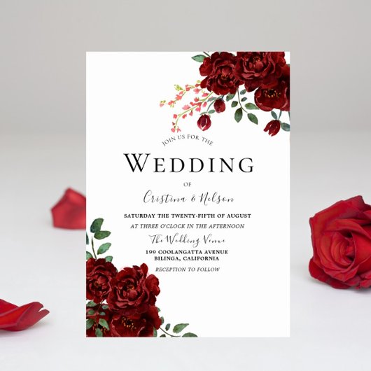 Red Rose Romantic Floral Wedding Invitation Kaart