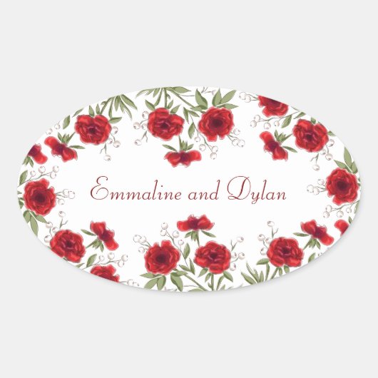 Red Rose Romantic Wedding Ovale Sticker (Voorkant)