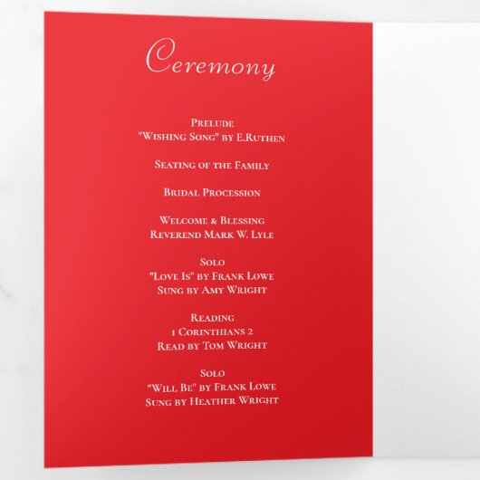 Red Rose Romantic Wedding Programs Drieluik Programma (Binnenzijde eerst)