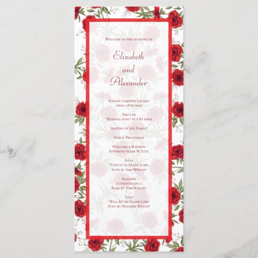 Red Rose Romantic Wedding Programs Menu (Voorkant)
