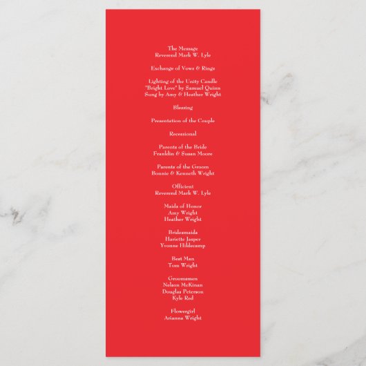 Red Rose Romantic Wedding Programs Menu (Achterkant)