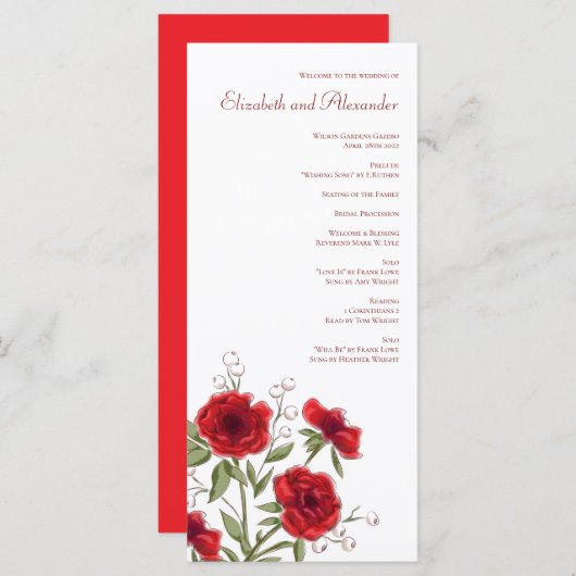 Red Rose Romantic Wedding Programs Menu (Voorkant / Achterkant)
