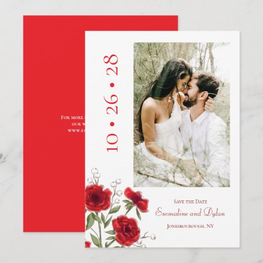 Red Rose Romantic Wedding Save the Date Kaart (Voorkant / Achterkant)