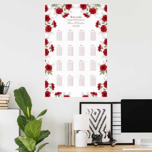 Red Rose Romantic Wedding Seating Chart Poster (Thuiskantoor)