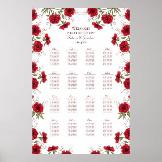 Red Rose Romantic Wedding Seating Chart Poster (Voorkant)