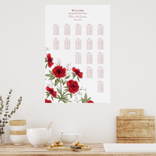 Red Rose Romantic Wedding Seating Chart Poster (Keuken)