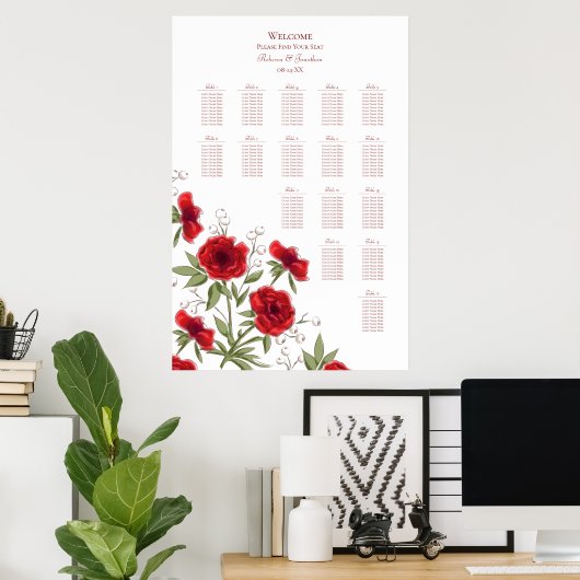 Red Rose Romantic Wedding Seating Chart Poster (Thuiskantoor)
