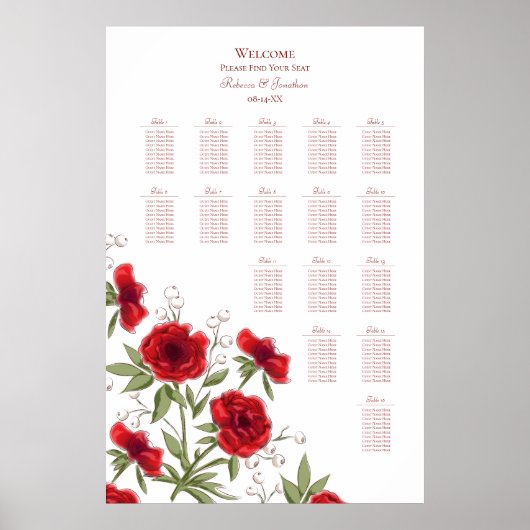 Red Rose Romantic Wedding Seating Chart Poster (Voorkant)