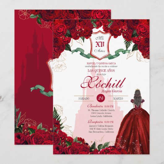 Red Rose Royal Princess Elegant Quinceanera Kaart (Voorkant / Achterkant)