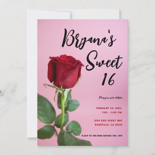 Red Rose roze Sweet 16 Birthday Party Invitation Kaart (Voorkant)