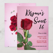Red Rose roze Sweet 16 Birthday Party Invitation Kaart (Voorkant / Achterkant)