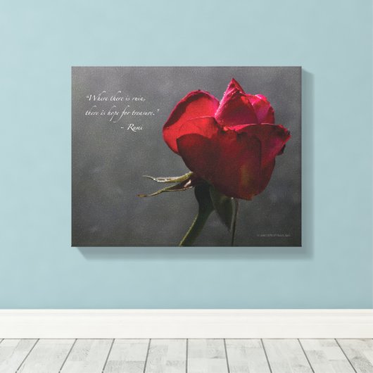 Red Rose, Rumi quote, 14" x 11" - KLEIN Canvas Afdruk (Insitu (Houten vloer))