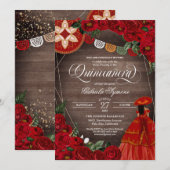 Red Rose Rustic Charra/Mariachi Dress Quinceañera Kaart (Voorkant / Achterkant)
