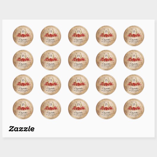 Red Rose Rustic Gold Hoefijzer Sjabloon Verjaardag Ronde Sticker (Vel)
