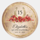Red Rose Rustic Gold Hoefijzer Sjabloon Verjaardag Ronde Sticker (Voorkant)