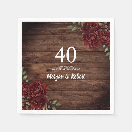 Red Rose Rustic Wood 40th Wedding Jubileum Servet (Voorkant)