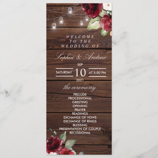 Red Rose Rustic Wood Wedding Programs Programmakaart (Voorkant)