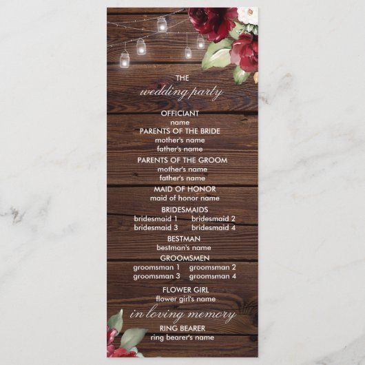 Red Rose Rustic Wood Wedding Programs Programmakaart (Achterkant)