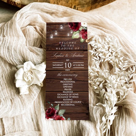Red Rose Rustic Wood Wedding Programs Programmakaart