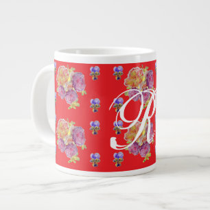 Red Rose Shabby Chic Roos Pattern Initiaal Grote Koffiekop