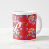 Red Rose Shabby Chic Roos Pattern Initiaal Grote Koffiekop (Voorkant rechts)
