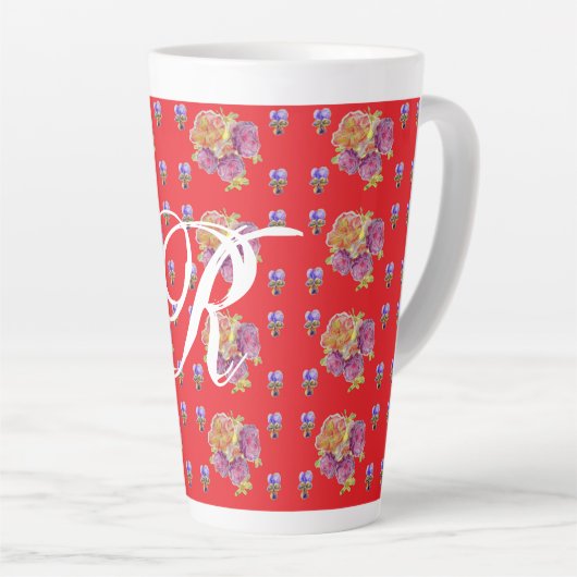 Red Rose Shabby Chic Roos Pattern Initiaal Latte Mok (Rechterhoek)
